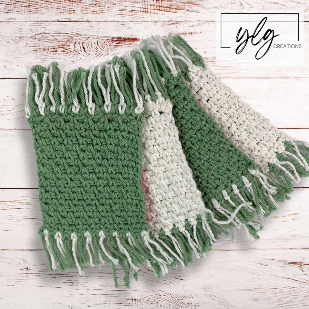 Mug Rugs Coasters Handmade Crochet Green White Fringe Set of 4 Home Decor